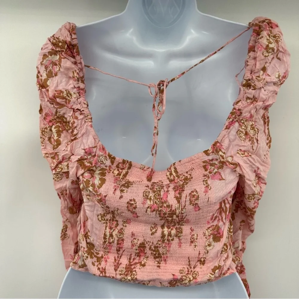 Free People Dusty Pink Floral Ruched Square-Neck Puff Sleeve Crop Top